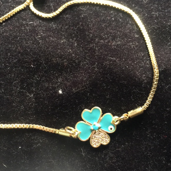 Gold Adjustable Clover Tiffany Blue and Gold Bracelet Womens Blue dot design🧿 - Picture 2 of 7